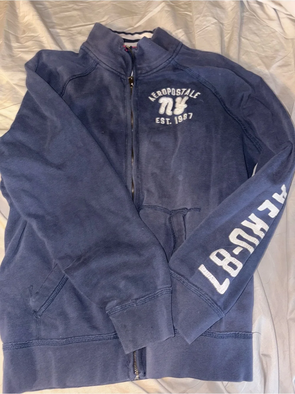 Aeropostale Men's Navy Zip-Up Sweatshirt with White Chest Logo
